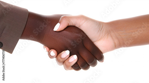 close up of a business and casual handshake on a white background  photo