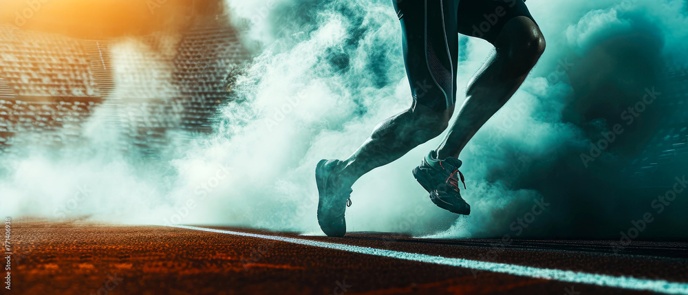 Close up of running sportsman, athlete in motion. Jumping, workout, crossfit. Professional marathon runner on stadium road track. Sport concept. Jogging. Generative ai