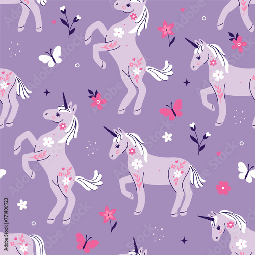 Seamless pattern with unicorns  flowers and butterflies in purple colors. Vector graphics.