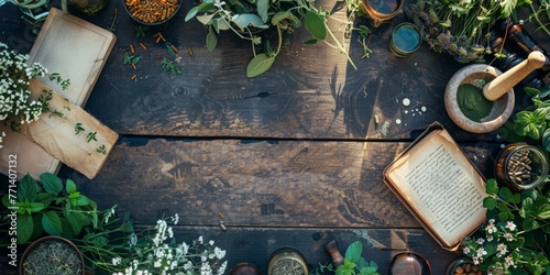 Herbalist table with plants and ancient books on natural medicine