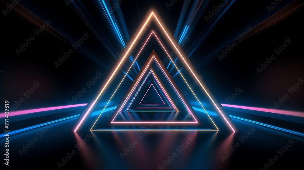 Dark room with neon lights and triangular floor; ideal for futuristic, mysterious, or scifi design projects needing an edgy vibe. Dark room with neon lights and triangular floor; ideal for futuristic, mysterious, or scifi design projects needing an edgy vibe.