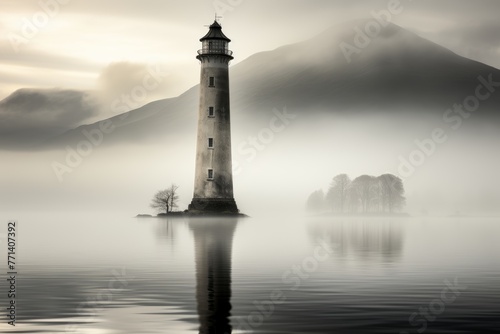 A lighthouse stands tall and steady amidst the swirling fog, casting its guiding light across the lonely sea.The concept of loneliness and hope is depicted through this striking image.