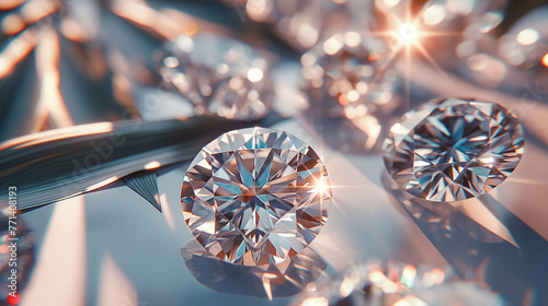 Close up of diamonds of different cuts and sizes on light background with shadows.