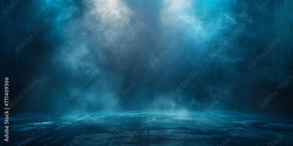 Dark street, asphalt abstract dark blue background, empty dark scene, neon light, spotlights The concrete floor and studio room with smoke float up the interior texture for display, Generative AI