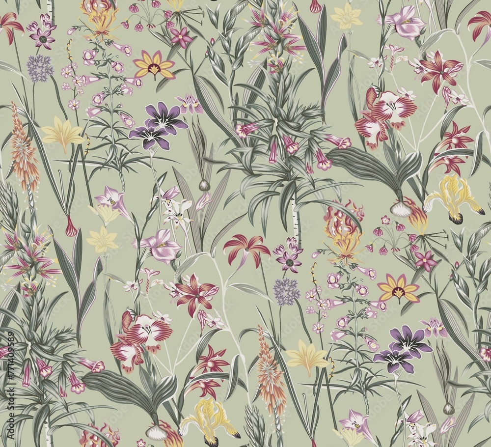 seamless pattern, botanical floral illustration, natural ornament, red, peachy, purple, wild flowers, light pastel background, textile design