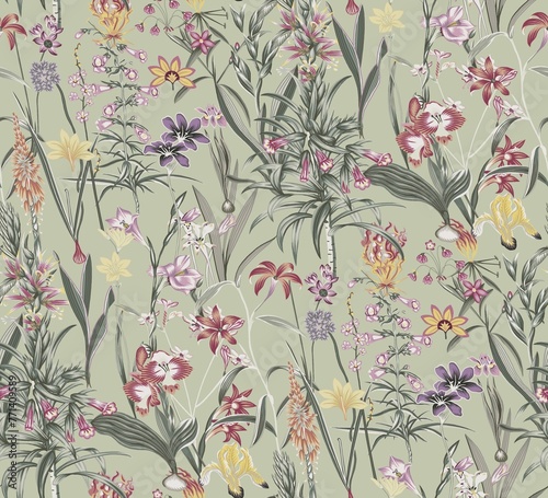 seamless pattern  botanical floral illustration  natural ornament  red  peachy  purple  wild flowers  light pastel background  textile design