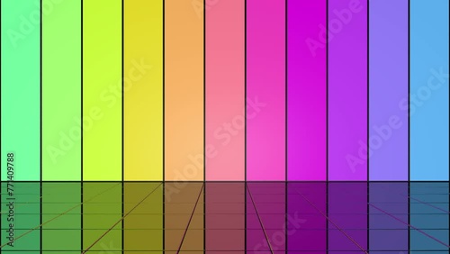Raum mit in Regenbogenfarben leuchtenden Wandelementen, endloser Farbwechsel