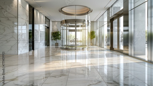 An office building entrance with a revolving door and polished marble floors. 
