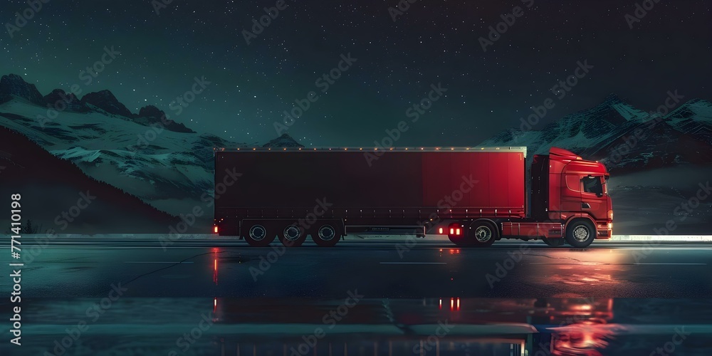 A red semi truck symbolizes constant movement of goods in the global economy at night. Concept transportation, global economy, red semi truck, night scene - obrazy, fototapety, plakaty 
