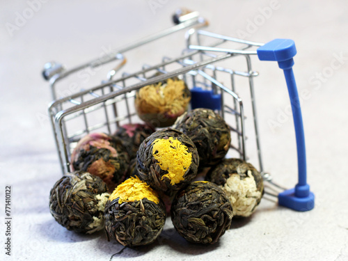 Bundled Chinese green tea in a shopping cart, exotic drink