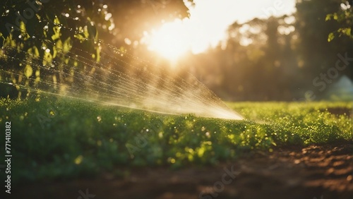 Generative AI. Garden water sprinkler. Automatic sprinkler watering green grass on sunny day in garden. Irrigation system stock photo 