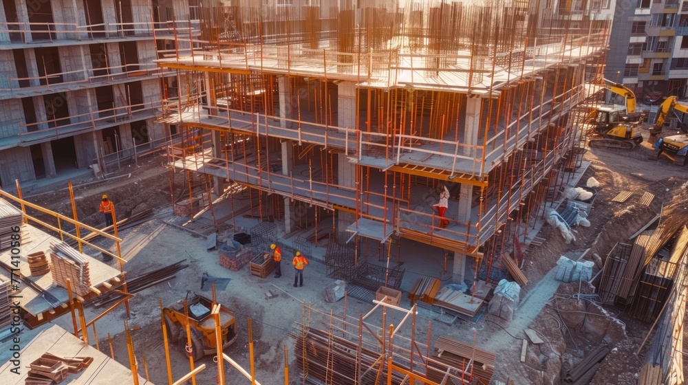 A construction site with workers assembling the framework of a new office building.