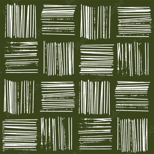 Seamless vector pattern with white geometric ornament on green background.