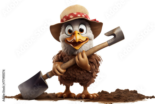 Cartoon Farmer Owl Holding Shovel,An illustrated owl character dressed as a farmer with a straw hat, cheerfully holding a shovel, standing on soil, isolated on a transparent background. photo