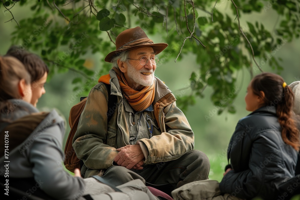 Elderly Man Storytelling to Children in Park