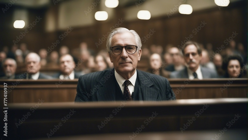 Generative AI. Senior lawyer. old man sitting in a courtroom. lawyer portrait, 1950 London, courtroom, people in bokeh, blurred background. Vintage look