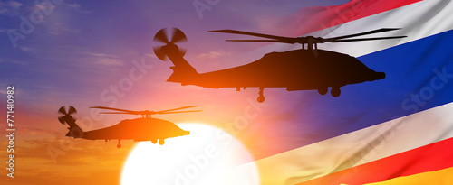 Military helicopter and National flag on sky background. Thailand holiday concept. 3d illustration