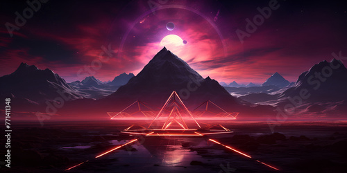 Futuristic high tech dark with a triangular abstract backgrounds Futuristic landscape with  a pyramid .