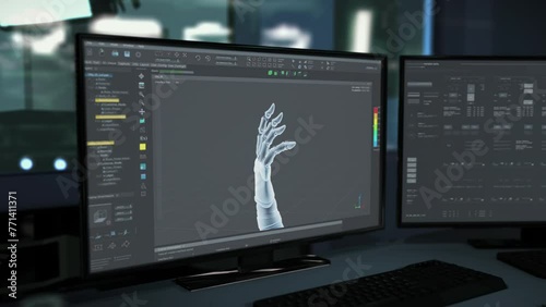 Designing the 3D model of hand prosthetic in the machine engineering software. 3D model design of the futuristic robot arm. Designing the 3D model of the cyberware with multiple automated mechanisms. photo