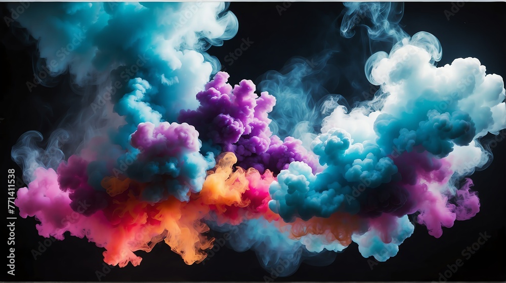 Fototapeta premium Beautiful colorful abstract light background with cloudy puffs of smoke with dramatic backlighting backdrop on plain black from Generative AI