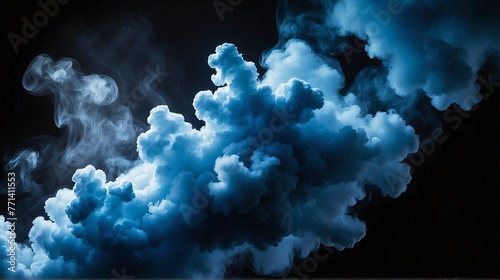 Beautiful blue abstract light background with cloudy puffs of smoke with dramatic backlighting backdrop on plain black from Generative AI