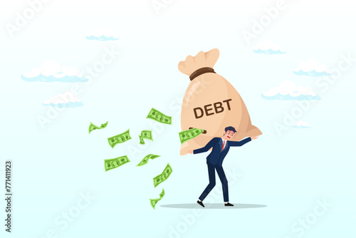Tried businessman carrying big debt money bag losing money banknotes, debt burden, financial obligation or loan payment, heavy load of money failure, mortgage or borrowing money problem (Vector)