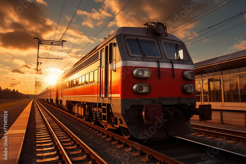moving train traveling on the tracks in sunset