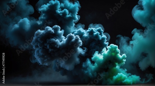 Beautiful midnight blue to forest green color texture abstract light background with cloudy puffs of smoke with dramatic backlighting backdrop on plain black from Generative AI