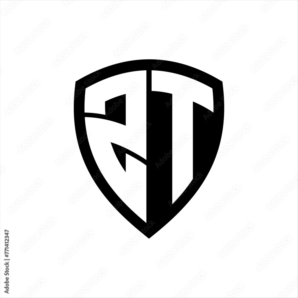 ZT monogram logo with bold letters shield shape with black and white color design