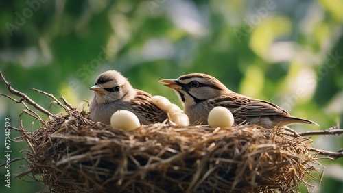 Generative AI. Beautiful family of sparrows. Adorable baby sparrow with their parents. Nature displaying its beauty. nest on tree. birds enjoying together. design, Pillow cover, painting, photo frame.