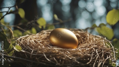 Golden eggs in close-up in the Bird's nest. Set yourself apart. Be different. Become premium. Premium niche. Unique selling proposition. Generative AI. design, Pillow cover, painting, frame.
