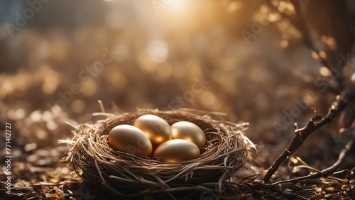 Golden eggs in close-up in the Bird's nest. Set yourself apart. Be different. Become premium. Premium niche. Unique selling proposition. Generative AI. design, Pillow cover, painting, frame.