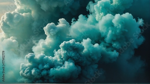 Closeup jade green to turquoise blue color gradient texture surface of cloudy puffs of smoke backdrop background dramatic lighting from Generative AI