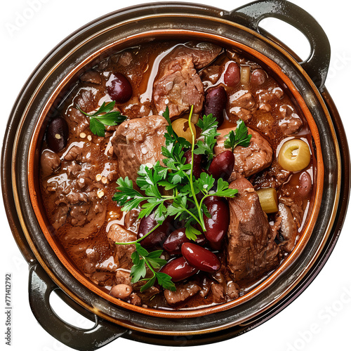 Feijoada in rustic pot cut out on transparent background