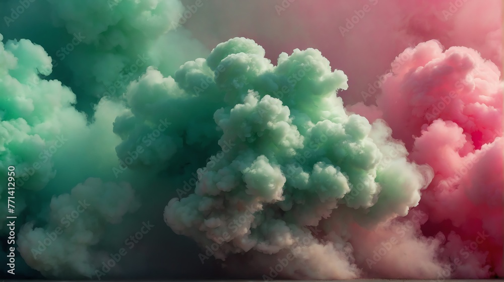 closeup raspberry pink to mint green color gradient texture surface of cloudy puffs of smoke backdrop background dramatic lighting from Generative AI