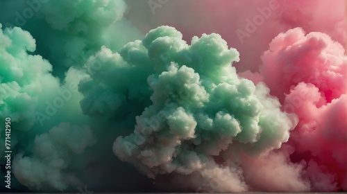 closeup raspberry pink to mint green color gradient texture surface of cloudy puffs of smoke backdrop background dramatic lighting from Generative AI photo