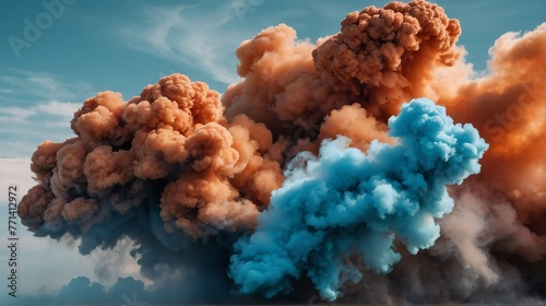 closeup rust orange to powder blue color gradient texture surface of cloudy puffs of smoke backdrop background dramatic lighting from Generative AI