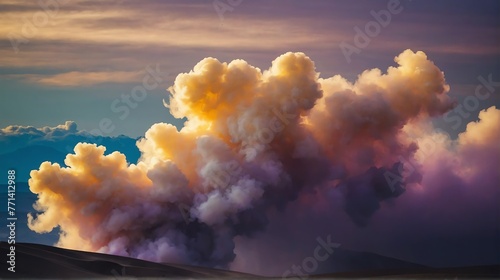 closeup sand yellow to lavender blue color gradient texture surface of cloudy puffs of smoke backdrop background dramatic lighting from Generative AI