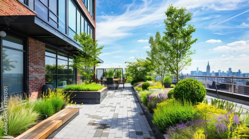 An office building rooftop garden providing a peaceful retreat for employees. 