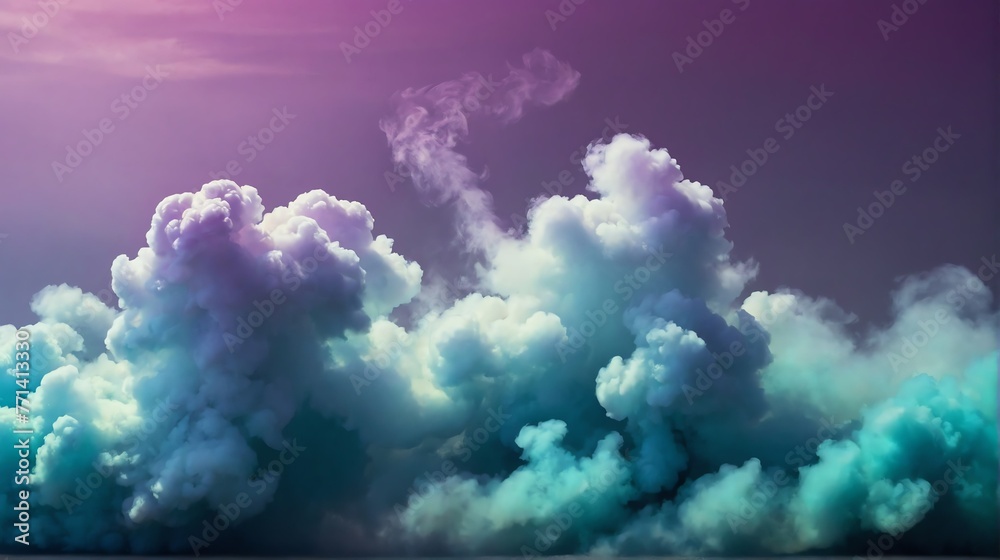 Closeup turquoise blue to mauve purple color gradient texture surface of cloudy puffs of smoke backdrop background dramatic lighting from Generative AI