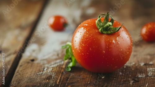 Close up of a fresh Tomato on a rustic wooden Table