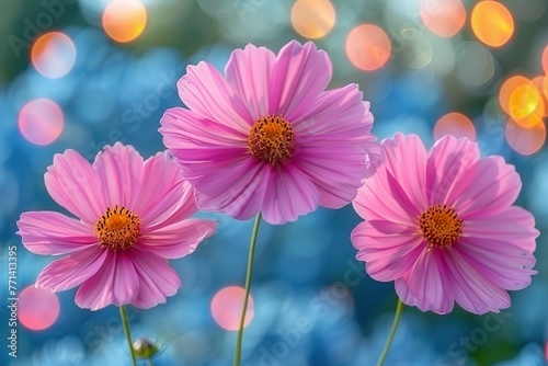 Colorful flower meadow with sunbeams and blue sky and bokeh lights in summer - nature background 