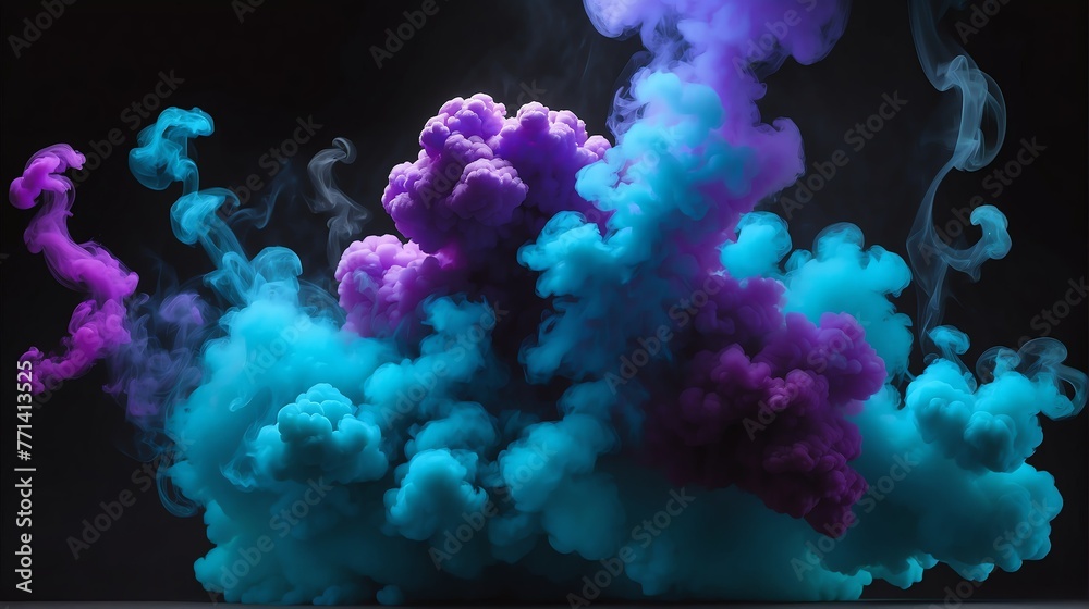 Fototapeta premium Teal blue to royal purple color gradient texture surface of cloudy puffs of smoke backdrop background dramatic lighting from Generative AI