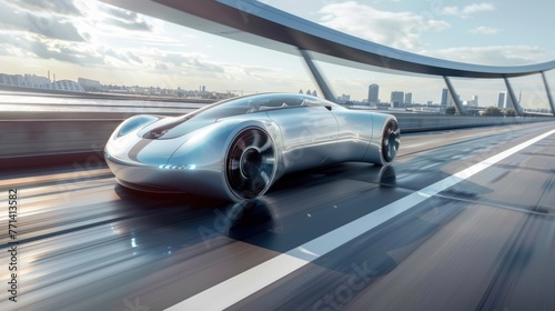 A futuristic car with advanced features driving on a sleek highway. 