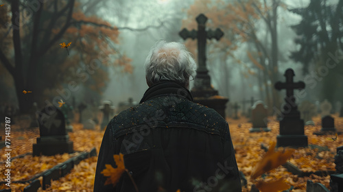 Old man mourns loss amid cemetery's silent grief at he graveyard photo