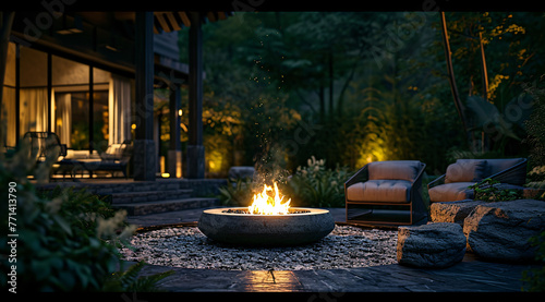 the fire pit is lit in the evening outdoors in the styl e6ea79af-26f3-42ee-b6c1-ba204b359049 photo