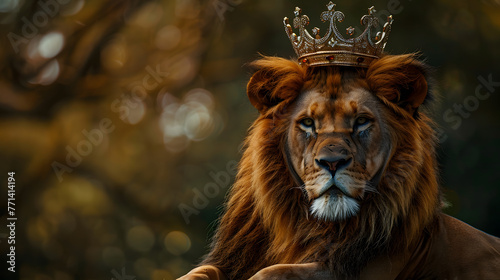 Majestic looking lion with crown, symbol for king of the animal and the chrisian medieval photo