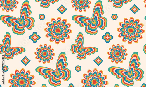 Abstract psychedelic tie dye seamless pattern.  Abstract naive retro hippie 60s 70s style background with butterflies, flowers, sparkles, seeds, circles , organic doodle shapes.