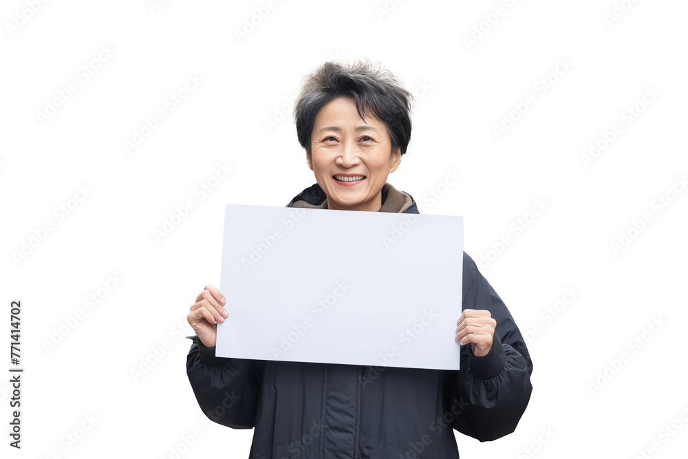 Middle aged Chinese woman on isolated chroma key background holding an empty placard Middle aged Chinese woman on isolated chroma key background holding an empty placard