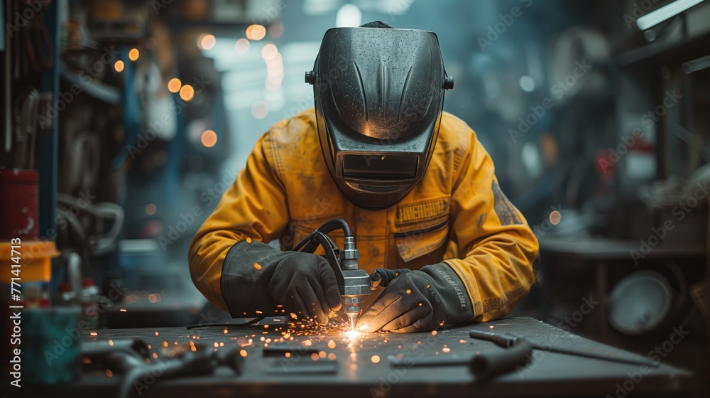 worker welder at work factory interior worker welder at work factory interior